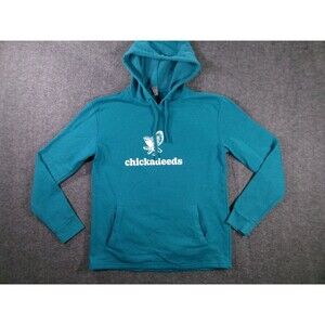 Chickadeeds Hoodie Men Small Teal Pullover Graphic Bird Logo Back Print Causal